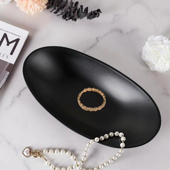 Black Ring Jewelry Tray Organizer Decorative Oval Dish for Dresser and Key Bowl - Picture 3 of 8